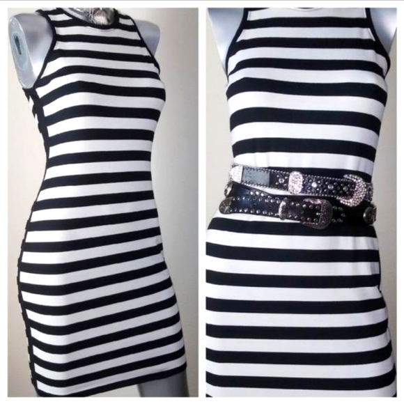 "Rachel Roy" Black/White Pop of Red Fitted Cocktail Party Midi Sleeveless Dress - Picture 7 of 9